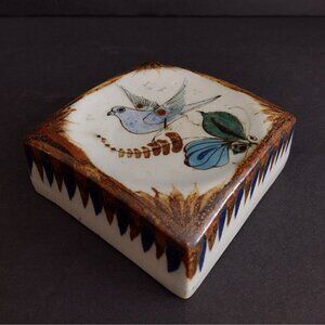 Vintage Ken Edwards Mexican Pottery Pillar Candle Holder Square Bird Signed